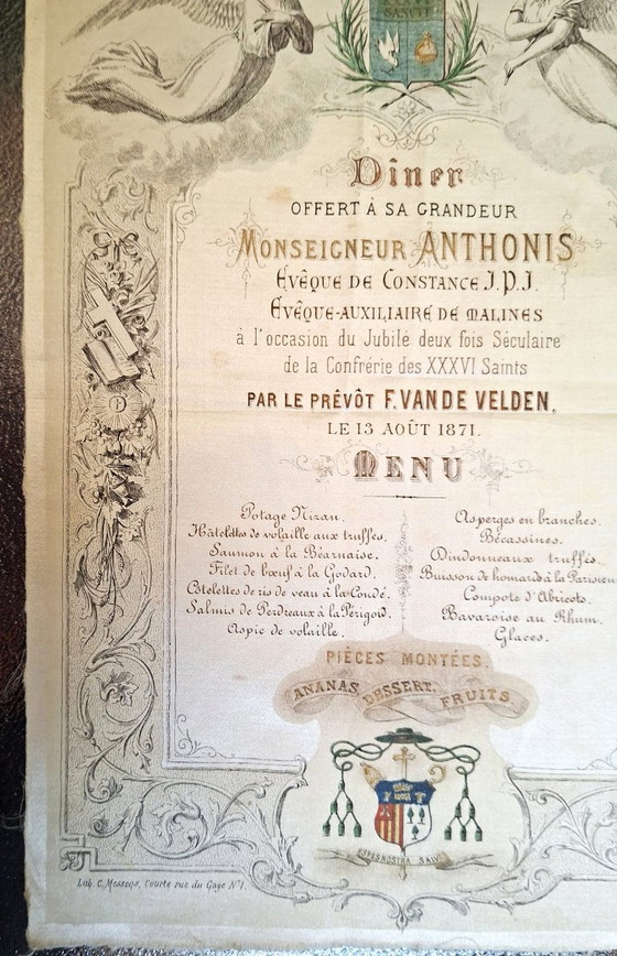 Image 1 of Rare 1871 Silk Menu Antwerp Belgium – Monseigneur Anthonis Jubilee Banquet