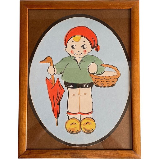 Vintage painting on paper medallion with wood and glass frame