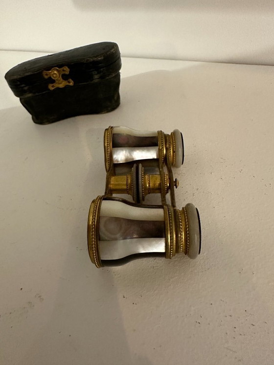 Image 1 of Antique Brass and Mother-of-Pearl Theater Binoculars, with Original Case