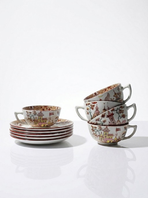Service à thé Sarreguemines - Kyoto - ancien 5 tasses 6 soucoupes japonisantes
