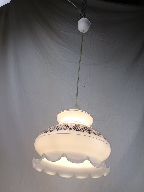 Image 1 of Mid Century Murano Pendant Light White Opaline Textured Engraved Glass Lantern 1950s