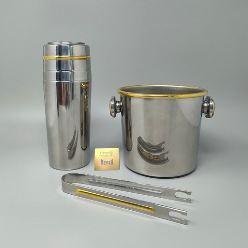 1970 Gorgeous Cocktail Shaker in Gold 24K and Stainless Steel With Ice Bucket by Mepra. Fabriqué en Italie