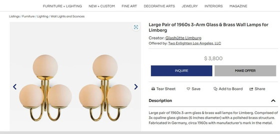 Image 1 of Extra Large Sconce, 1 Of 12, Wall Lights, Art Deco, Mid Century Modern, Brass, Opaline Glass, Glashutte Limburg, Very Rare