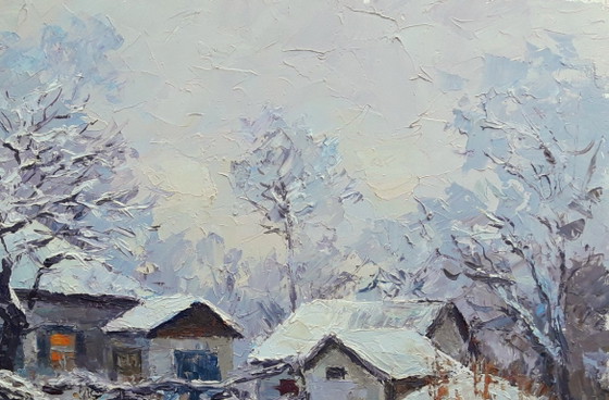 Origineel Olieverfschilderij Landelijk Landschap Dorpshuis Winteravond – Schilderijen & Tekeningen, Canvas (photo 4 of 8)