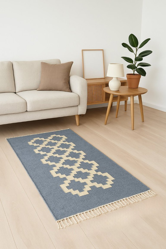 Image 1 of Senon Kilim Runner 70 × 140 cm – Handmade in Egypt – Grey Diamond, Flat-Weave