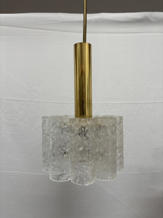Image 1 of 2 suspensions vintage Doria Leuchten, tubes en verre glacé '60/'70