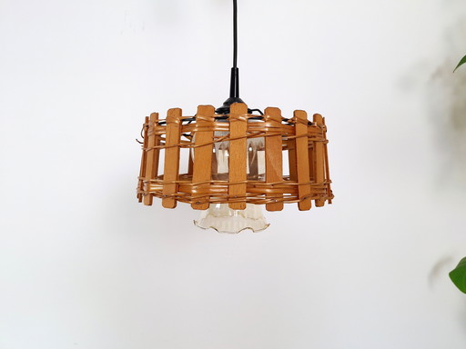 Lampe suspendue vintage en osier, suspension rustique en bois, cuisine rétro 80's, luminaire de ferme