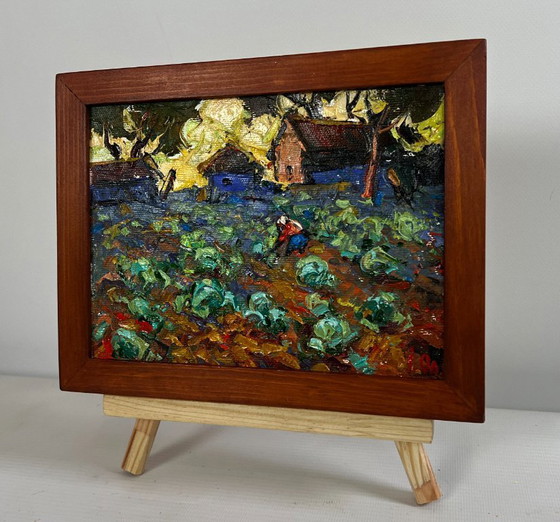 Image 1 of Original Oil Painting Evening Village Landscape Cabbage is being planted in the garden