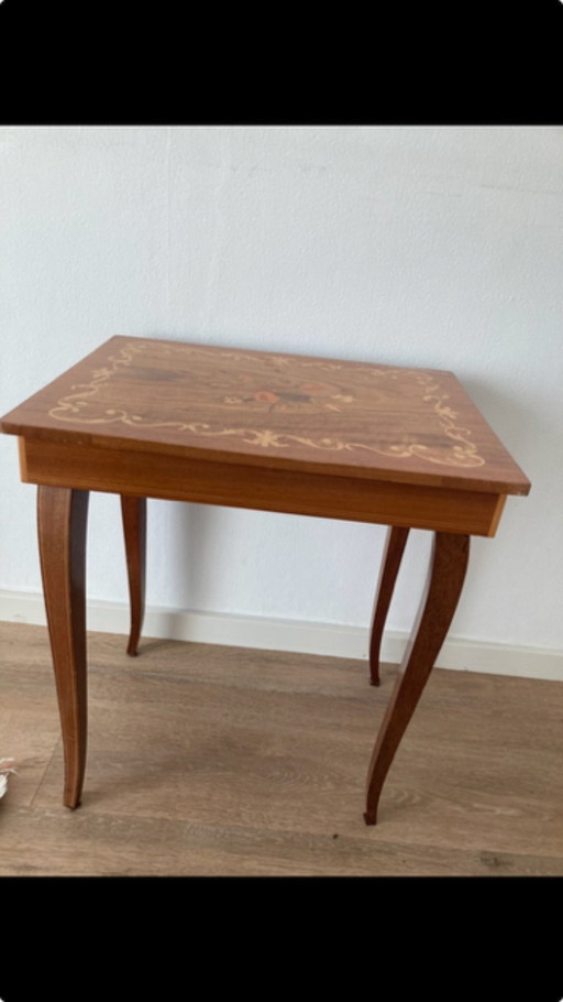 Antique intarsia decorative table, music table with flowers and decorative rim