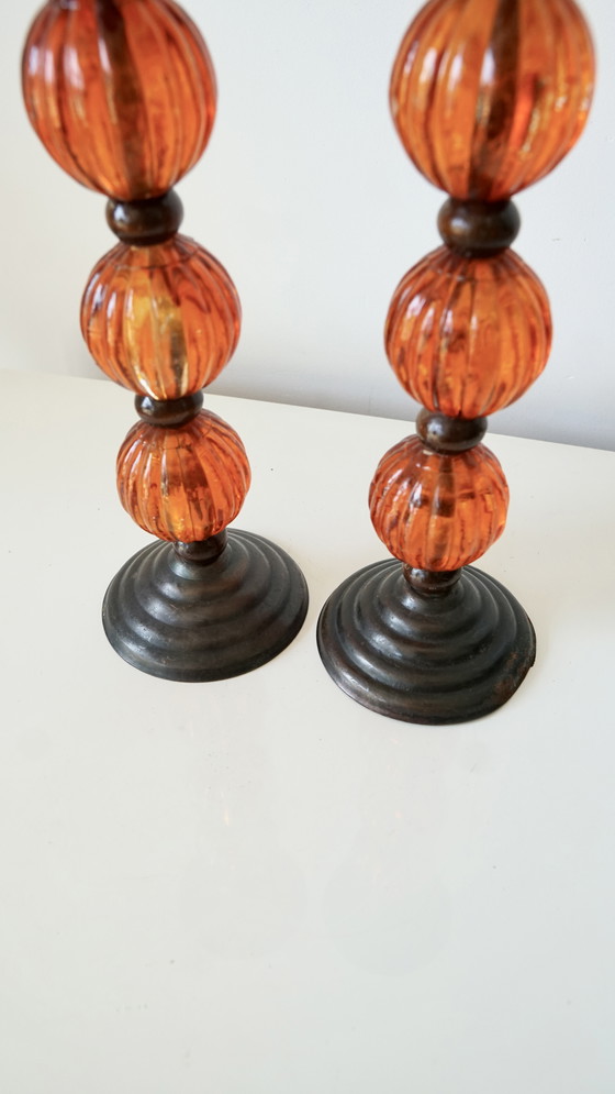 Image 1 of Pair of vintage candlesticks in metal and orange blown glass - 70s style