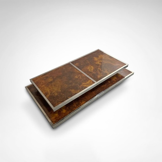 Image 1 of Schuifbare salontafel met twee niveaus van wortelhout en metaal, met geïntegreerde bar, Frankrijk, jaren 80.