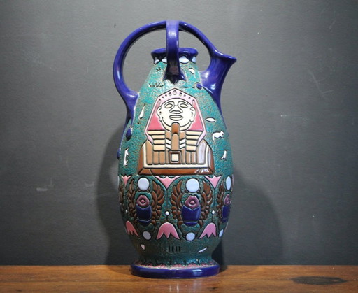 Czechsolovakian Art Deco Egyptian revival ceramic pitcher. 