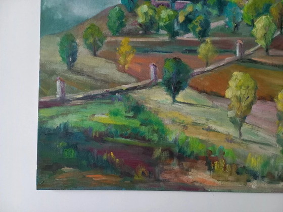 Image 1 of CARLES COMPTE | Hügellandschaft mit Kapelle | ORIGINAL Ölgemälde auf Holzplatte