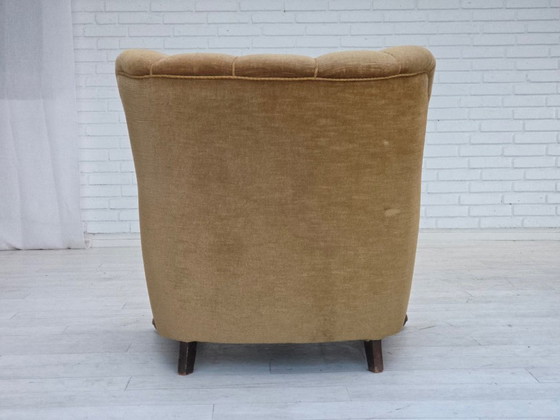 Image 1 of 1960s, Danish armchair, original green furniture velour, carved oak wood.