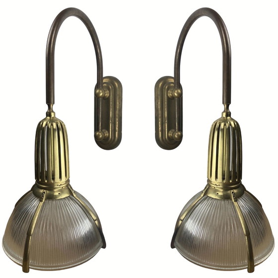 Image 1 of Art Deco Holophane Cut Glass And Brass Wall Lamps, 1970S