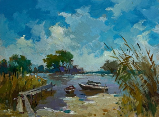 Pintura al óleo original Paisaje de Summer River Después de un duro día en la naturaleza