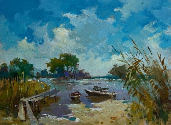 Image 1 of Origineel olieverfschilderij: Zomers rivierlandschap na een lange dag in de natuur.