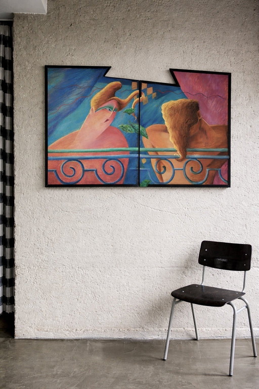 Vintage Postmodern Artwork Diptych Painting