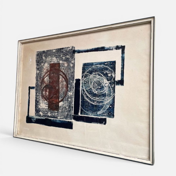 Image 1 of Abstrakter Druck in Burgunderrot und Blau, Mid-Century Modern, signiert