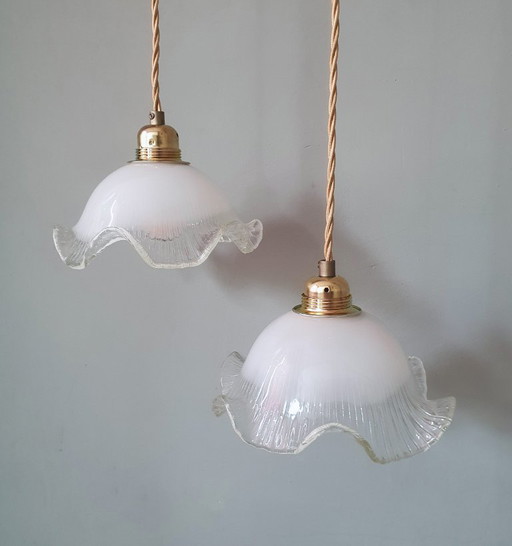 Set di 2 lampade a sospensione vintage in vetro bianco satinato, forma floreale, texture – hanglampen, Metal (photo 2 of 23)