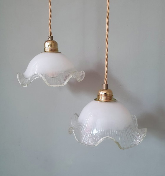 Set di 2 lampade a sospensione vintage in vetro bianco satinato, forma floreale, texture – Metal (photo 2 of 23)