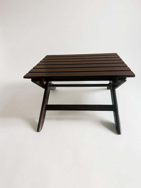 Image 1 of Vintage MESCH Gartenmöbel Set 7teilig, 5 Klappstühle und 2 Beistelltische aus Vollholz, Mid Century Outdoor Möbel