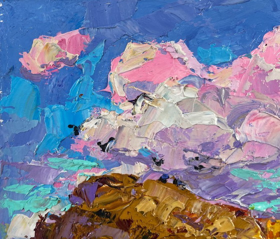 Image 1 of Original Oil Painting Summer Field Landscape The sun touches the ground