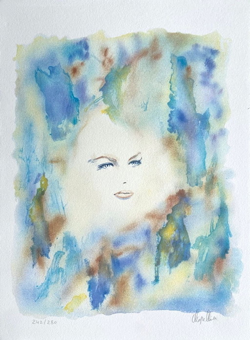 Cécile CHAPELLIER Visage fond bleu Signed lithograph 1990