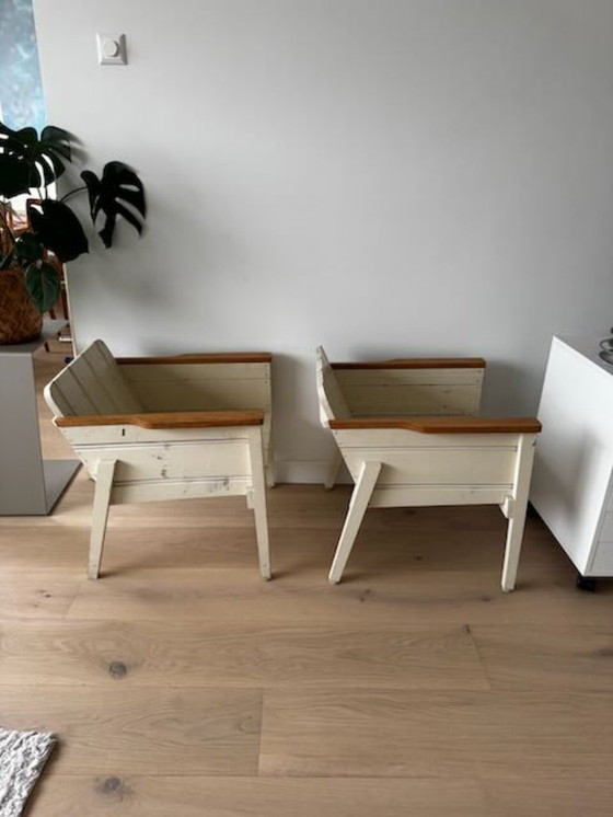 Image 1 of 2 low Piet Hein Eek bucket chairs/armchairs made of reclaimed wood, white