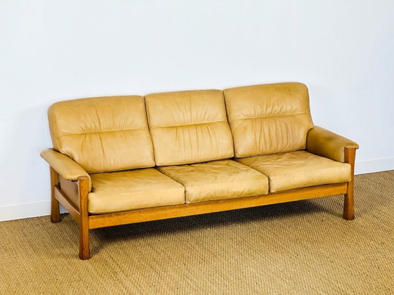 Image 1 of Ensemble de salon complet en cuir naturel et chêne, 1960, Set de 3