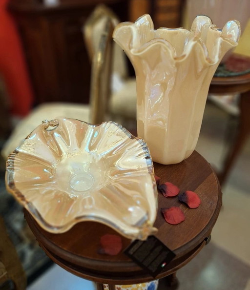 Jarrón y centro de mesa de cristal de Murano