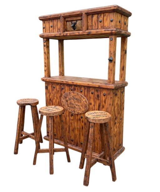 Solid wood bar with stools