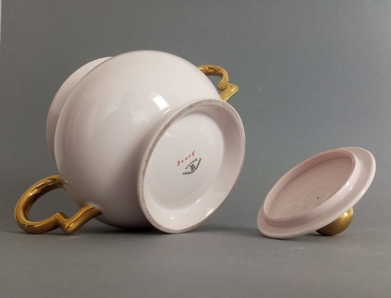 Image 1 of Azucarero con tapa 'Barbara' de Gio Ponti, estilo Art Déco/Bauhaus, rosa y dorado, década de 1930.