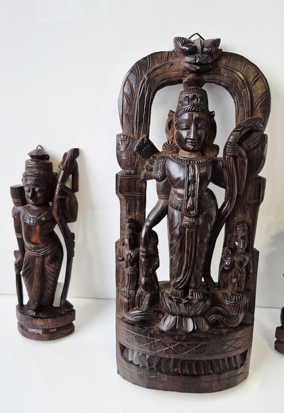 Image 1 of Hindu gods: Rama, Hanuman, Manasa, carved wooden figures