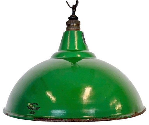 Suspension industrielle britannique en émail vert de la marque Maxlume, années 1960