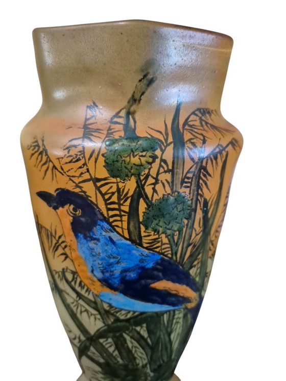 Pair of hand-painted Vases with bird motif, legras, Ceramic, Glass, Orange (photo 8 of 15)