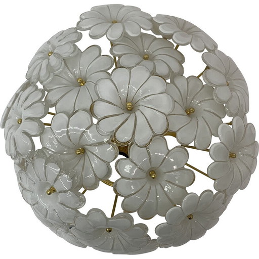 Vintage plafondlamp met bloemen in opaline glas en goud, 1970