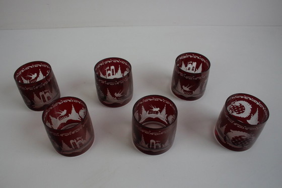 Image 1 of Antique Set of 36 pieces of Artistic cut Ruby red glass, Egermann, 1950's. 
