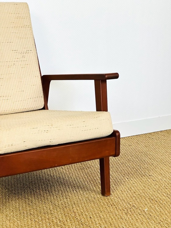 Image 1 of Vintage Scandinavische fauteuil van teakhout en beige textielstof, 1960
