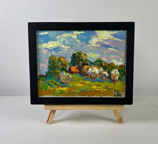 Original Oil Painting Summer Village Landscape Clouds drifting in the sky