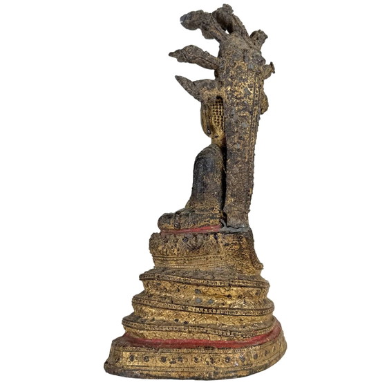 Statue antique dorée de Bouddha Naga Thaï – Protection Muchalinda – 19 cm – Sculptures, Bronze, Brass (photo 7 of 10)