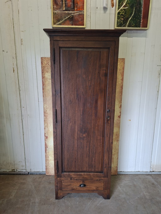 Rustic tall, narrow teak cabinet with shelves, dimensions: 81x46cm and 201cm high.