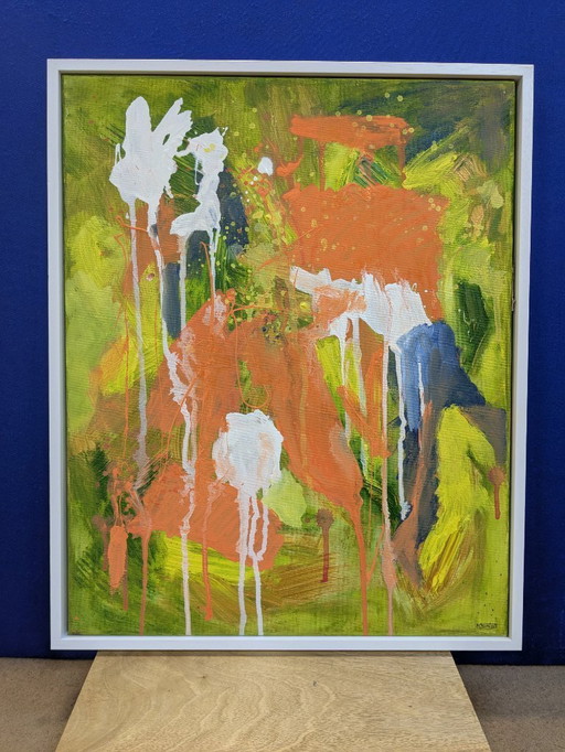 CAMOUFLAGE ACRYLIC ABSTRACT CANVAS PAINTING NIGEL WATERS SIGNED FRAMED ART