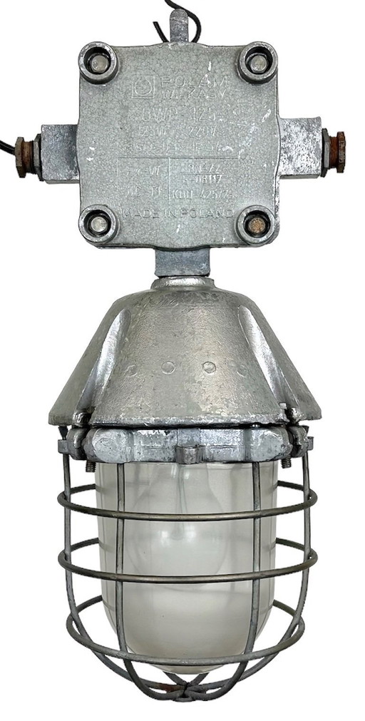 Large Industrial Cast Aluminium Cage Pendant Light from Polam Wilkasy, 1960s