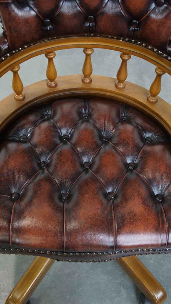 Image 1 of Brown height adjustable cowhide leather and wood chesterfield office chair on wheels