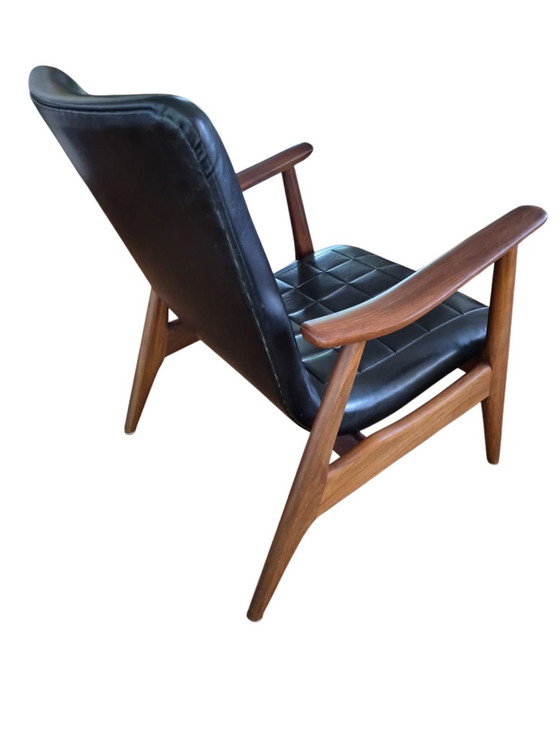 Image 1 of Poltrona in teak con rivestimento in finta pelle nera, anni '60.