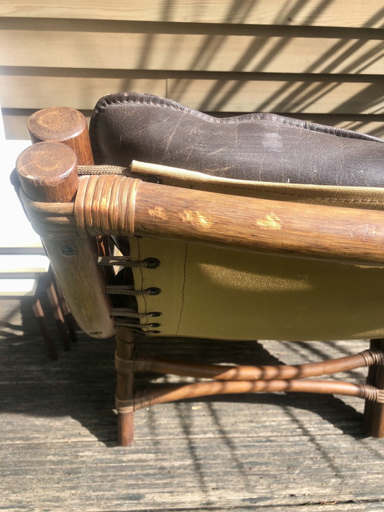 Image 1 of Ensemble vintage de fauteuils en bambou 1970 avec coussin en cuir