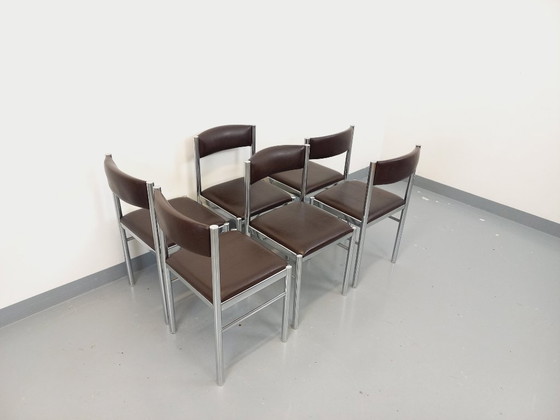 Image 1 of Set di 6 sedie vintage anni '70 in metallo cromato e similpelle marrone
