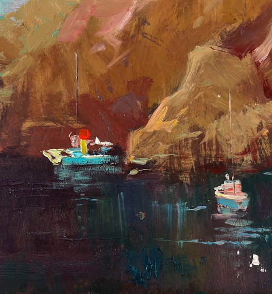 Image 1 of Original Oil Painting Coastal Rock Landscape Sails Against The Backdrop Of Mountains