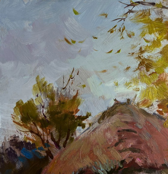 Image 1 of Original Oil Painting Autumn Village Landscape Street in golden leaves